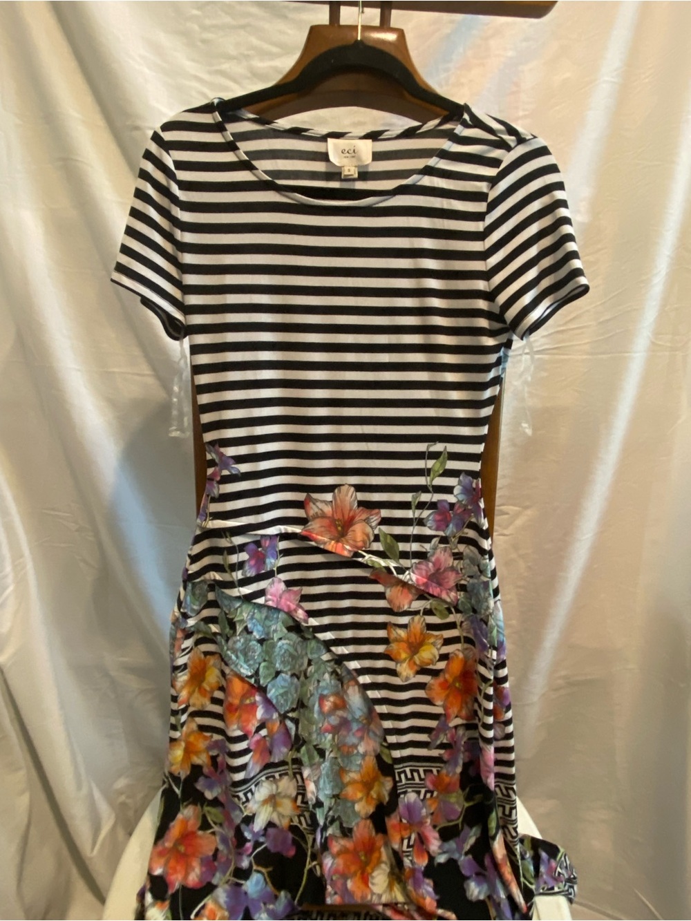 ECI Black & White Striped Dress with Colorful Floral Print
